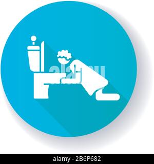 Nausea blue flat design long shadow glyph icon. Morning sickness. Early symptom of pregnancy. Pregnant woman vomiting. Puking in restroom. Sickness Stock Vector