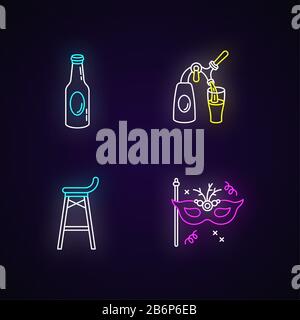 Entertainment venue neon light icons set. Recreation in night club, theme party signs with outer glowing effect. Beer, bar stool and masquerade mask Stock Vector