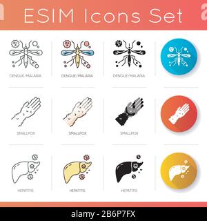 Contagious diseases icons set. Linear, black and RGB color styles. Malaria, smallpox and hepatitis viruses. Healthcare and medicine. Infectious Stock Vector