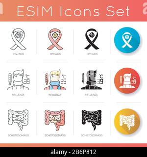 Dangerous illnesses icons set. Linear, black and RGB color styles. HIV, AIDS, schistosomiasis and influenza. Medical diagnosis. Different viral Stock Vector