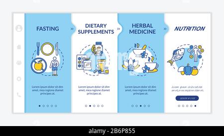 Healthy nutrition onboarding vector template. Balanced nutrition plan and dietary supplements responsive mobile website with icons. Webpage Stock Vector