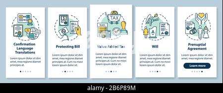 Notarization onboarding mobile app page screen with concepts. Prenuptial agreement, will. Protesting bill. Walkthrough five steps graphic instructions Stock Vector