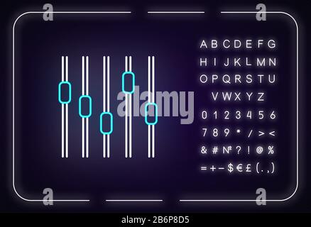 Music equalizer neon light icon. Outer glowing effect. Sign with alphabet, numbers and symbols. Sound adjustment. Night club music, DJ occupation Stock Vector