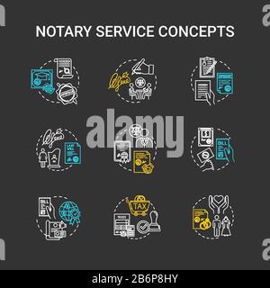 Notary services chalk RGB color concept icons set. Legislation and public regulation. Certificate, guarantee. Common law idea. Vector isolated Stock Vector