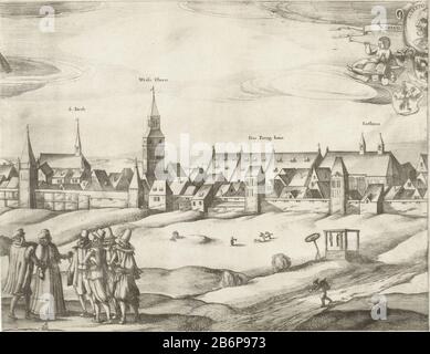 Gezicht Op Neurenberg Blad 2 View The German City Of Nuremberg Outside The City Walls Stand In Front A Group Of Wealthy Men And A Woman Right Two Of Beams Suspended Figures