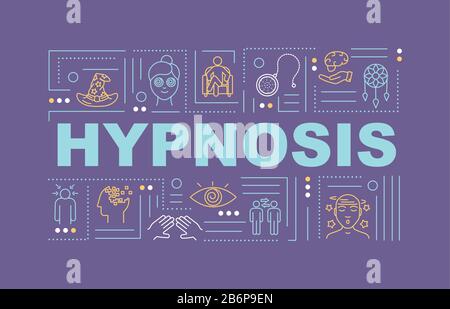 Hypnosis word concepts banner. Hypnotherapy. Subconsciousness. Infographics with linear icons on purple background. Isolated typography. Vector Stock Vector
