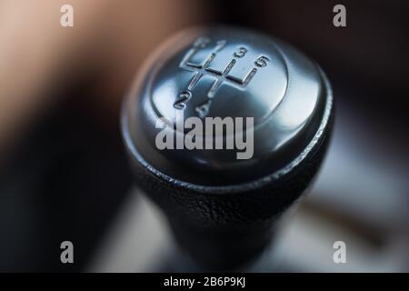 Car gear shift lever, manual gearbox in the car macro black, Manual transmission Stock Photo