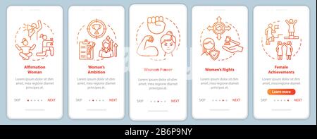 Women right onboarding mobile app page screen with concepts. Girls power, ambition and achievement walkthrough 5 steps graphic instructions. UI vector Stock Vector
