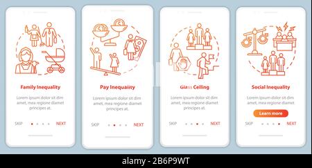 Gender equality barriers onboarding mobile app page screen with concepts. Workplace inequality walkthrough 4 steps graphic instructions. UI vector Stock Vector