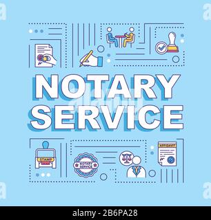 Notary service word concepts banner. Common law. Legal papers. Testament in court. Infographics with linear icons on blue background. Isolated Stock Vector