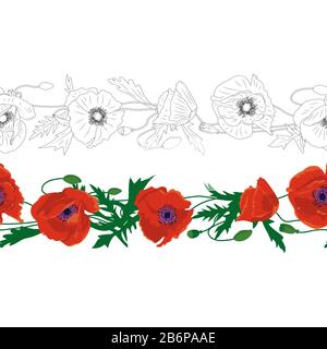 Hand drawn poppy flowers clipart. Floral design elements seamless brush border. Isolated on white background. Vector illustration Stock Vector