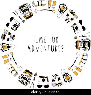 Vector circle frame of isolated objects for hiking, traveling design. Pattern with camping symbols. Backpack, sleeping bag, flashlight, shovel Stock Vector