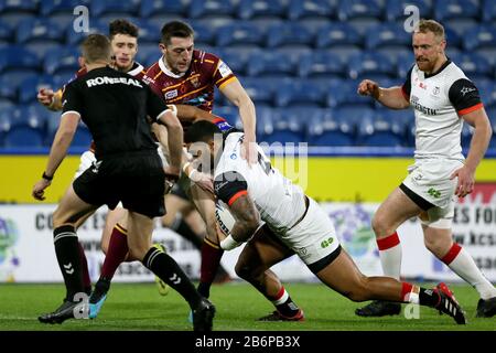 Toronto Wolfpack's Ricky Leutele scores his side's first try during the Challenge Cup match at the John Smith's Stadium, Huddersfield. Stock Photo