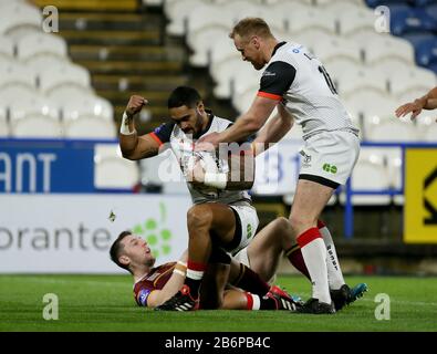 Toronto Wolfpack's Ricky Leutele celebrates scoring his side's first try during the Challenge Cup match at the John Smith's Stadium, Huddersfield. Stock Photo