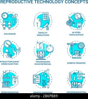 Reproductive technology turquoise concept icons set. In vitro fertilization. Egg donor. Alternative pregnancy idea thin line RGB color illustrations Stock Vector