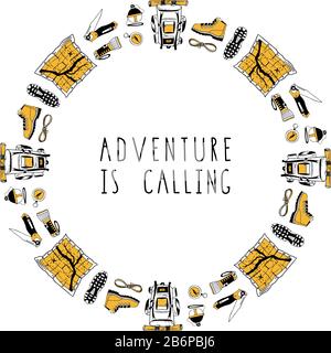 Modern circle composition of hand drawn isolated elements for hiking, traveling design. Pattern with camping symbols. Backpack, boots, map, flashlight Stock Vector