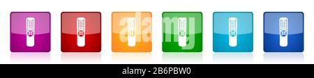 Tv remote control icon set, television colorful square glossy vector illustrations in 6 options for web design and mobile applications Stock Vector