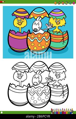 Cartoon Illustrations of Easter Bunny and Chicks with Eggs Coloring Book Page Stock Vector