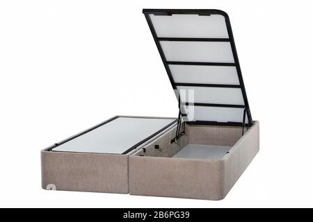 Pull up storage bed, storage space revealed by lifting the slatted base, isolated on white background, include clipping path. Stock Photo