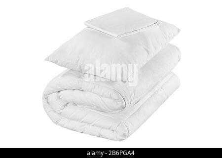 White bedroom textile items set isolated. Stock Photo