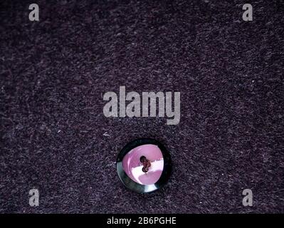 Colored button on a woolen cloth coat. Stock Photo