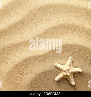 Starfish on wavy sand background. View from above. Flat lay Stock Photo