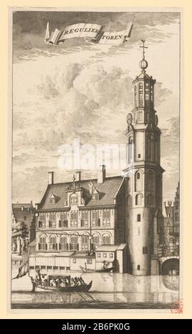 Gezicht op de Munttoren te Amsterdam Reguliers Toren Gezicht van de Reguliers- of Munts-Tooren, van de Cingel te zien, gebouwd Ao 1619 (titel op object) View of the Mint Tower, until 1672 known only as the Regular Tower, Amsterdam. Above a banderole to the title in the middle. Under the picture pasted on a strip of paper with a second titel. Manufacturer : print maker: anonymous Date: 1693 - 1694 Physical characteristics: etching, and engra; letterpress on pasted strip of paper material: paper Technique: etching / engra (printing process) / letterpress printing size: plate edge: h 284 mm (prin Stock Photo