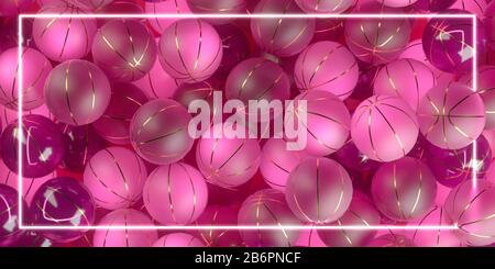 background made of trnslucent pink basketballs glossy and matte with golden stripes, womans basketball poster sports fashion with copy space. 3d Stock Photo