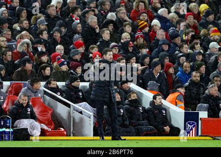 Liverpool, UK. 11th Mar, 2020. Atletico Madrid Manager Diego Simeone shouts instructions from his technical area. UEFA Champions league, round of 16, 2nd leg match, Liverpool v Atletico Madrid at Anfield Stadium in Liverpool on Wednesday 11th March 2020. this image may only be used for Editorial purposes. Editorial use only, license required for commercial use. No use in betting, games or a single club/league/player publications. pic by Chris Stading/Andrew Orchard sports photography/Alamy Live news Credit: Andrew Orchard sports photography/Alamy Live News Stock Photo