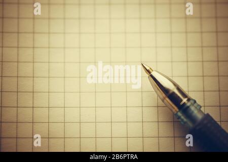 Ballpoint pen on a notepad in a cage. Macro photo. Copy space. Stock Photo