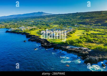 USA, Hawaii, Big Island, west coast resort, Sheraton Hotel and Kona Country Club golf course, aerial view Stock Photo