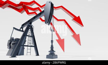 Crude oil market crash concept. Red arrow and oil pumpjack on white background. Digital 3D render. Stock Photo
