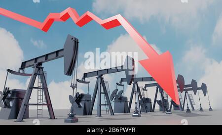 Crude oil market crash concept. Red arrow and oil pumpjack. Digital 3D render. Stock Photo