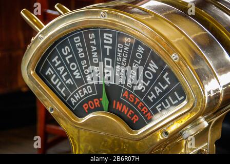 LOS ANGELES - APRIL 2009: The engine control on the bridge of the Queen Mary Cruise liner, which is berthed in Long Beach. It is now a hotel Stock Photo