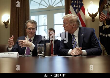 Washington DC, USA. 11th Mar 2020. U.S. President Donald Trump meets with bankers on COVID-19 response at the White House in Washington on March 11, 2020.    Photo by Yuri Gripas/UPI Credit: UPI/Alamy Live News Stock Photo