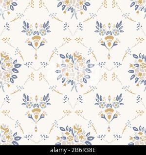 French shabby chic damask vector texture background. Dainty flower bouquet off white seamless pattern. Hand drawn floral interior home decor wallpaper Stock Vector