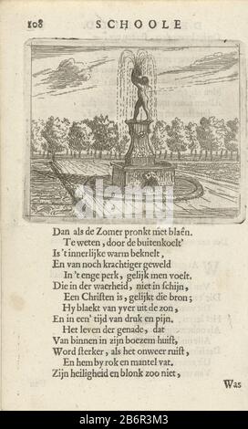Gezicht op een fontein LII Op het zien van een Fonteine (titel op object) View of a fountain. In the background a row of trees. Print out a book Where: in 36 prints with images sentences. Print used: F. van Hoogstraten, The schoole the world, 1682. Manufacturer : printmaker: Arnold Houbraken Place manufacture: Northern Netherlands Date: 1682 Physical features: etching and printing; letterpress verso material: paper Technique: etching / letterpress printing size: plate edge: h 70 mm × b 85 mmblad: h 157 mm × b 94 mmToelichtingPrent of: Joseph Hall, [edited by] François of Hoogstraeten, The scho Stock Photo