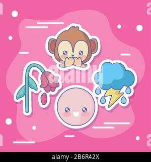monkey and cute emojis icon set over pink background, vector illustration Stock Vector