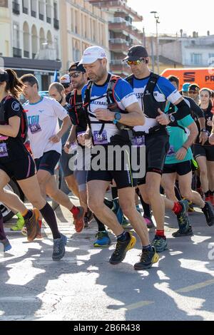 Cross country race in Spanish village Palamos in Catalonia. Trail Costa Brava. 20.800m cross country running start. 03. 08. 2020 Spain Stock Photo