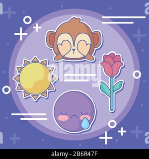 monkey and cute emojis icon set over purple background, vector illustration Stock Vector