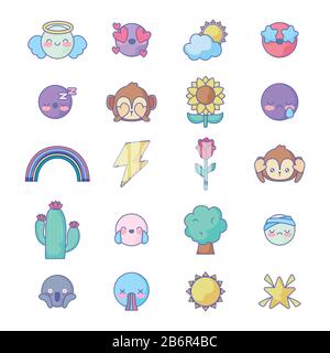thunder, sun and cute emojis icon set over pink background, colorful design, vector illustration Stock Vector