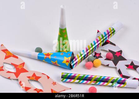 Colorful party items for birthday or carnival on a white background Stock Photo