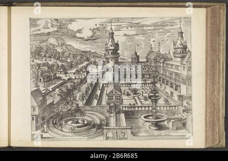 Gezicht op een paleis met tuinen en fontein in vogelvluchtperspectief Kleine architecturale perspectief gezichten (serietitel) Variae Architecturae formae (serietitel) View of a palace with formal gardens and ornamental fountain in overhead view. This print is part of a album. Manufacturer : printmaker: anonymous printmaker John or Lucas Doetechum (rejected attribution) designed by Hans Vredeman de Vries (rejected attribution) publisher: Theodoor Galle (listed property) Place manufacture: Antwerp Date: 1601 Physical characteristics: etching material: paper Technique: etching dimensions: plate Stock Photo