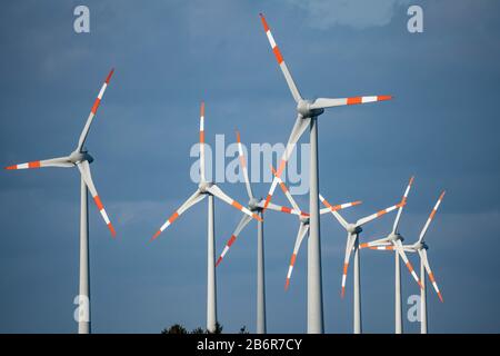 Wind farm, wind power stations, on the A31 motorway, near the town of Bunde in Lower Saxony, Emsland, Stock Photo