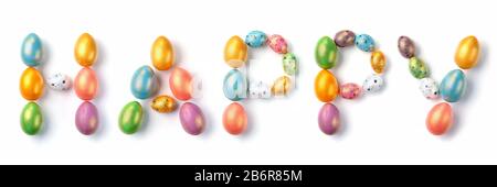 Easter banner. Multicolor colored eggs laid out the shape of the word Happy, isolated on white background. Stock Photo