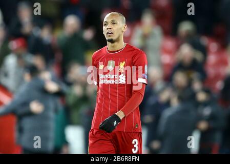 Liverpool, UK. 11th Mar, 2020. Fabinho of Liverpool looking dejected at the end of the game. UEFA Champions league, round of 16, 2nd leg match, Liverpool v Atletico Madrid at Anfield Stadium in Liverpool on Wednesday 11th March 2020. this image may only be used for Editorial purposes. Editorial use only, license required for commercial use. No use in betting, games or a single club/league/player publications. pic by Chris Stading/Andrew Orchard sports photography/Alamy Live news Credit: Andrew Orchard sports photography/Alamy Live News Stock Photo