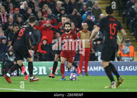 Liverpool, UK. 11th Mar, 2020. Mohamed Salah of Liverpool looks to break. UEFA Champions league, round of 16, 2nd leg match, Liverpool v Atletico Madrid at Anfield Stadium in Liverpool on Wednesday 11th March 2020. this image may only be used for Editorial purposes. Editorial use only, license required for commercial use. No use in betting, games or a single club/league/player publications. pic by Chris Stading/Andrew Orchard sports photography/Alamy Live news Credit: Andrew Orchard sports photography/Alamy Live News Stock Photo