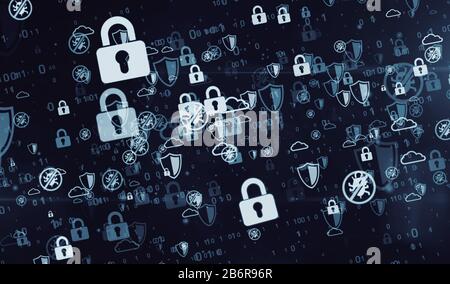 Cyber security, computer protection and digital safety flying symbols 3d illustration. Abstract concept digital background of future technology and bu Stock Photo