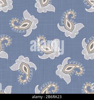 French shabby chic paisley. Line vector woven texture background. Antique white blue flourish seamless pattern. Hand drawn floral interior wallpaper Stock Vector