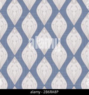 French shabby chic paisley. Line vector woven texture background. Antique white blue flourish seamless pattern. Hand drawn floral interior wallpaper Stock Vector